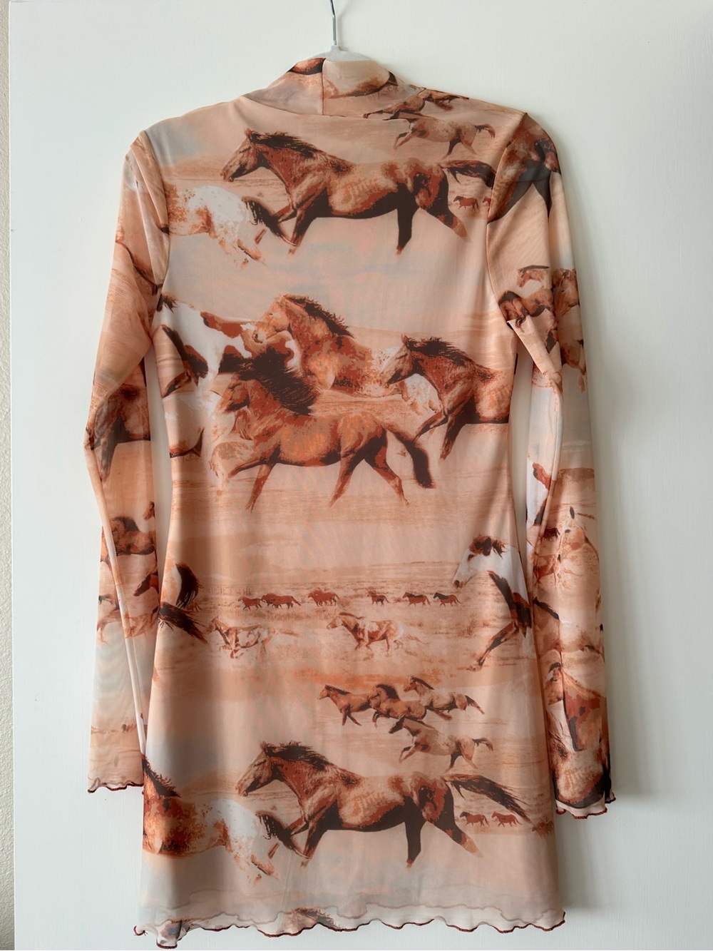 Horse Print Long Sleeve Mesh Mini Dress - Tan & Peach Tones - Picture 4 of 4